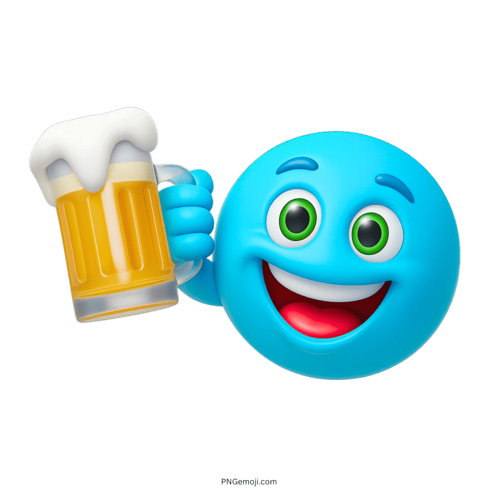 Blue smiley face emoji holding a beer mug, smiling and toasting in celebration