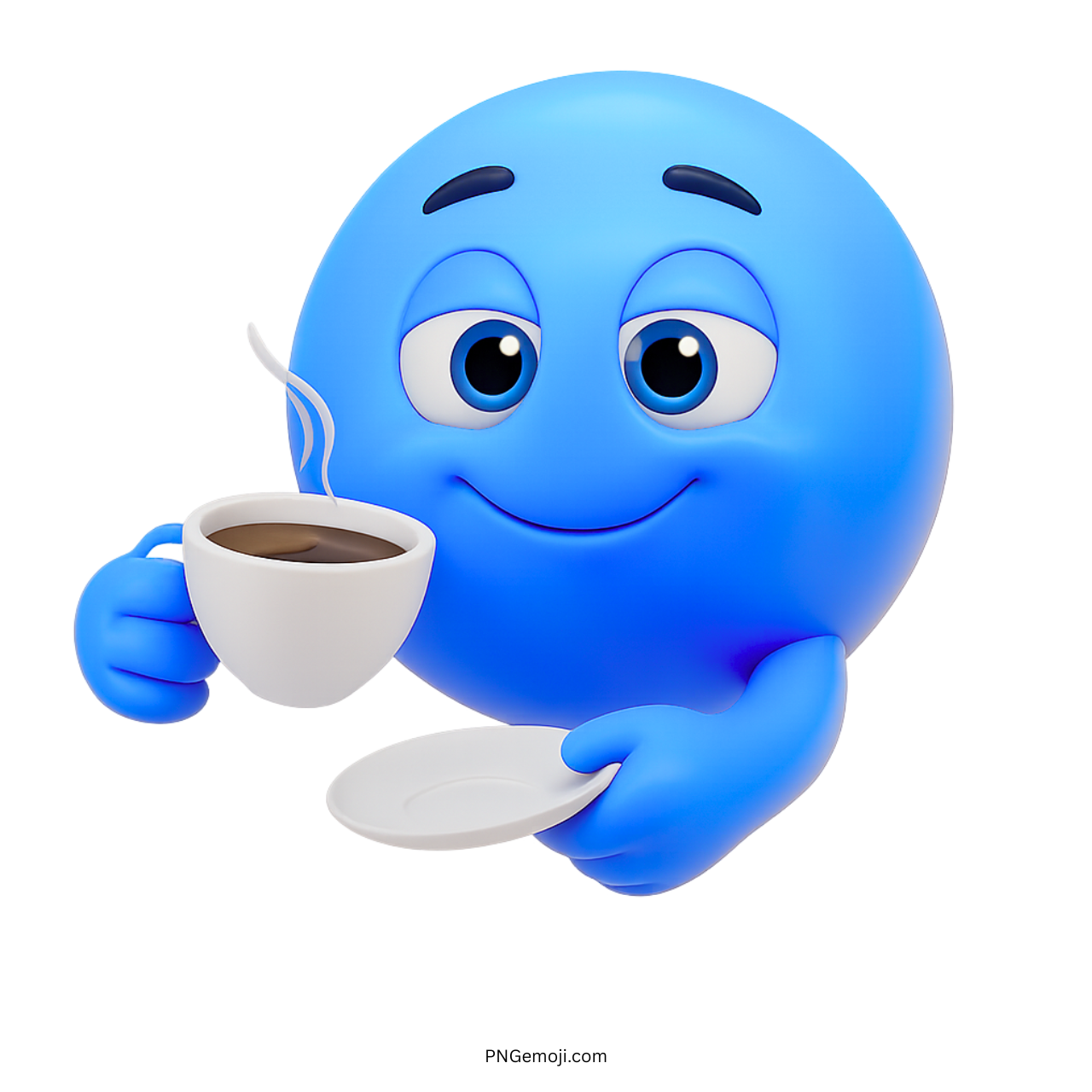 Blue smiley emoji holding a hot coffee cup with a relaxed expression