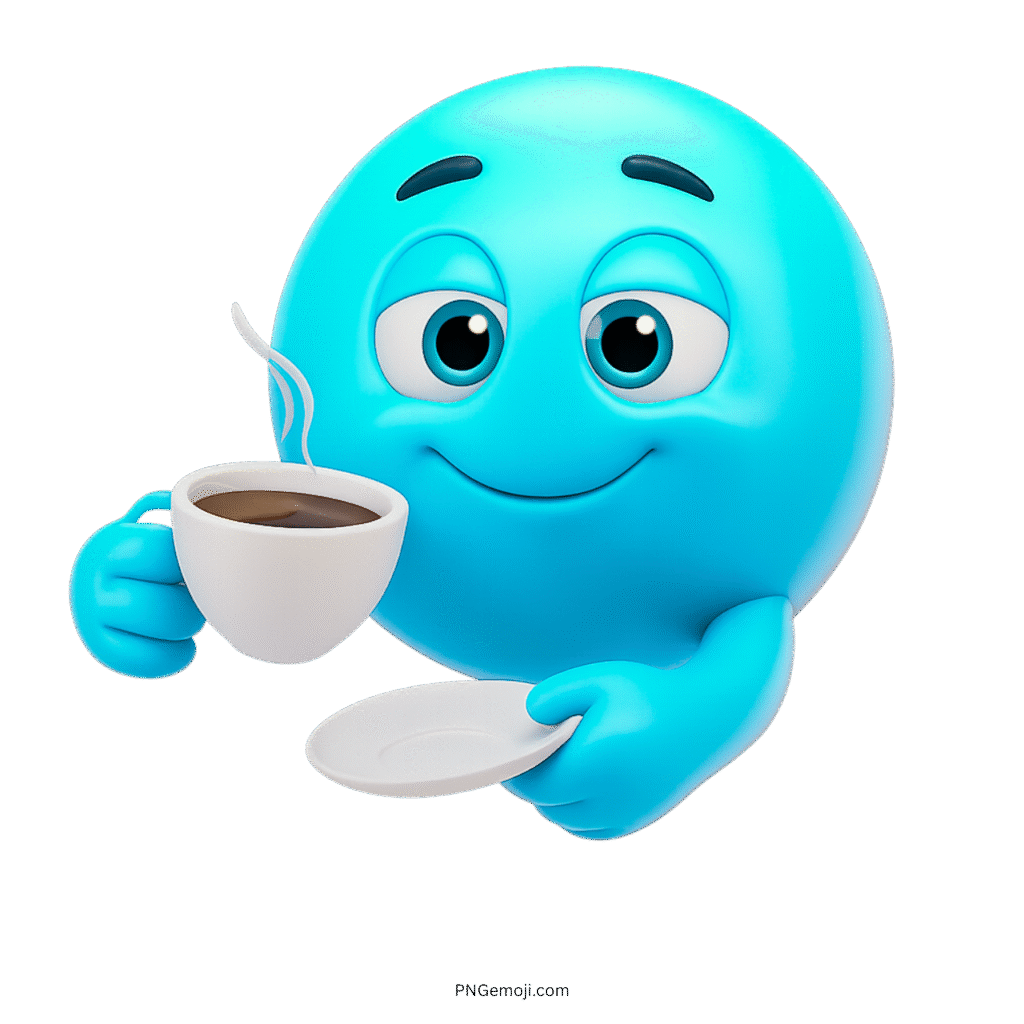 Blue smiley face enjoying a cup of hot coffee with a peaceful smile