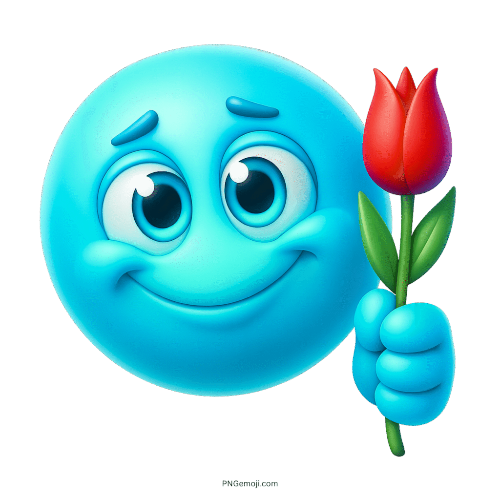 Blue smiley emoji holding red rose showing love affection cute cartoon style