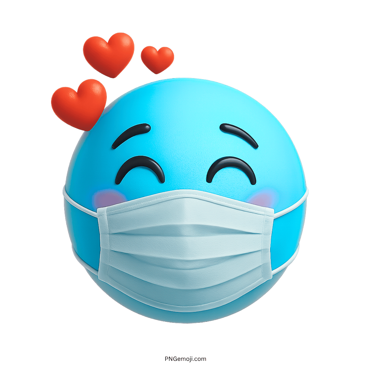 Blue smiley face emoji with medical mask and floating red love hearts in 3D
