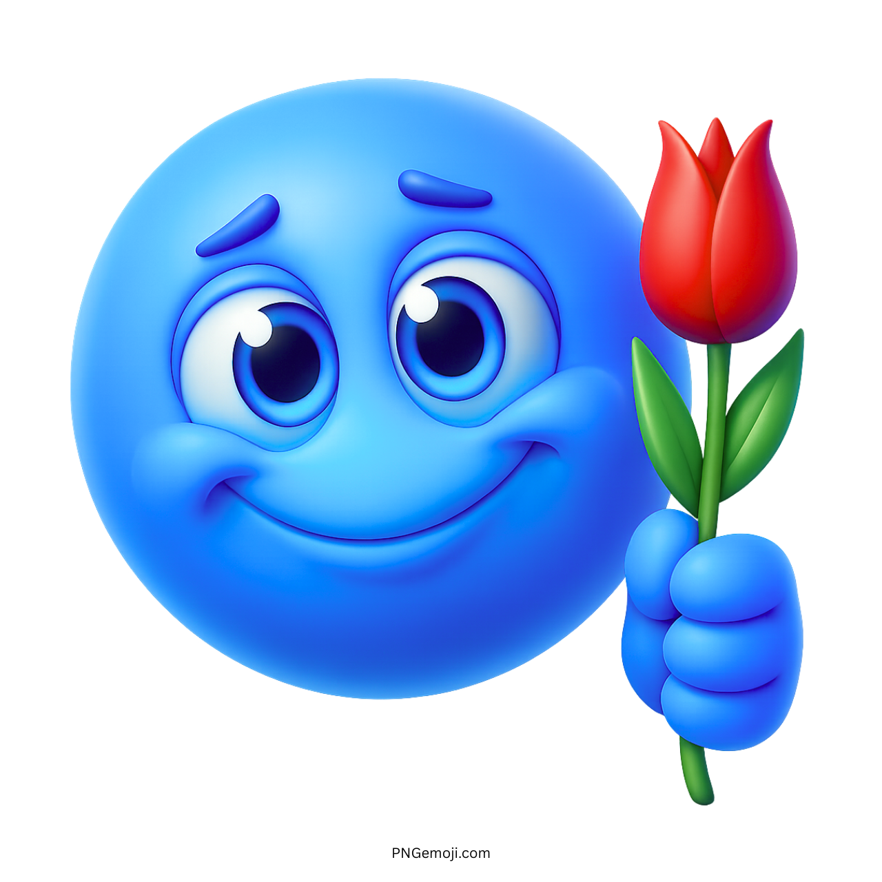 Blue smiley face emoji holding a red rose with a cute and happy expression