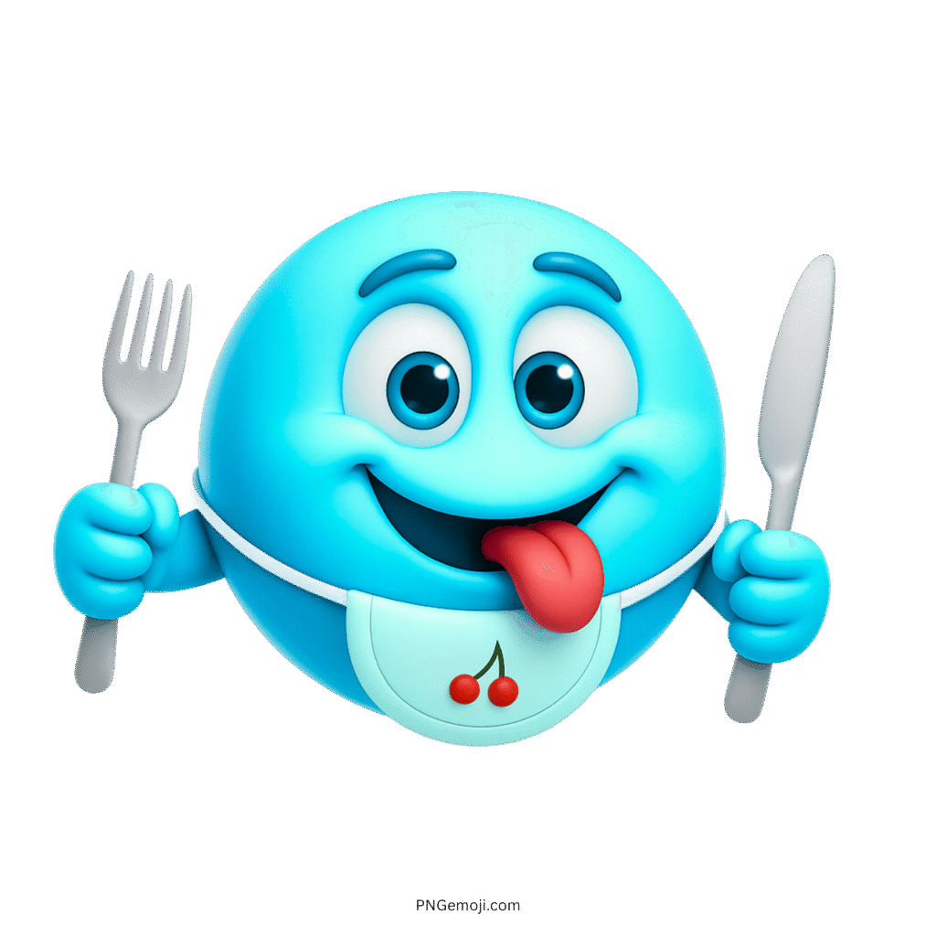 Blue emoji holding fork and knife with tongue out bib on