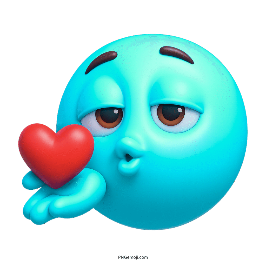 Blue smiley emoji blowing kiss with heart and flirty loving facial expression