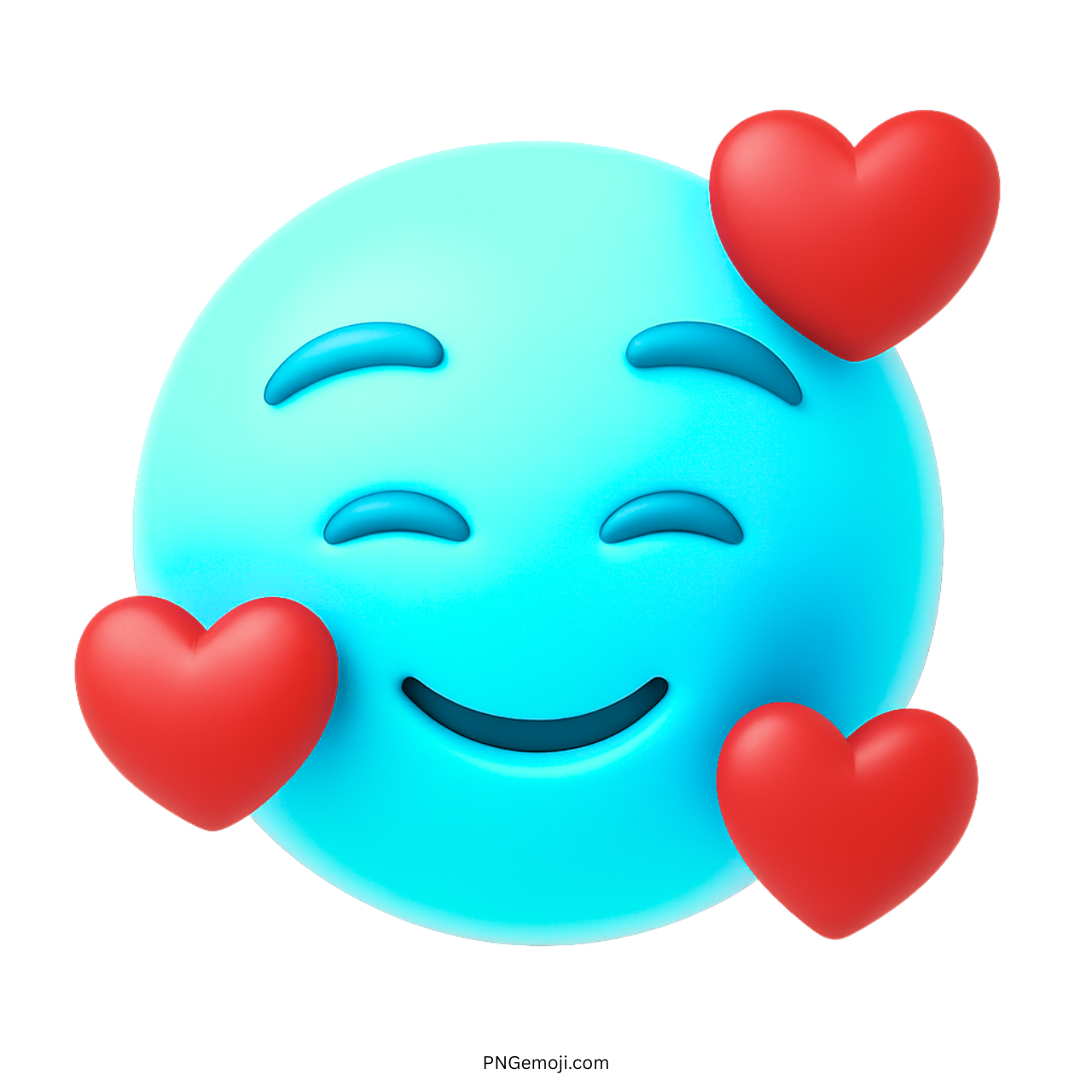 Blue smiling emoji with red hearts symbolizing calm love, joy, and affection in 3D