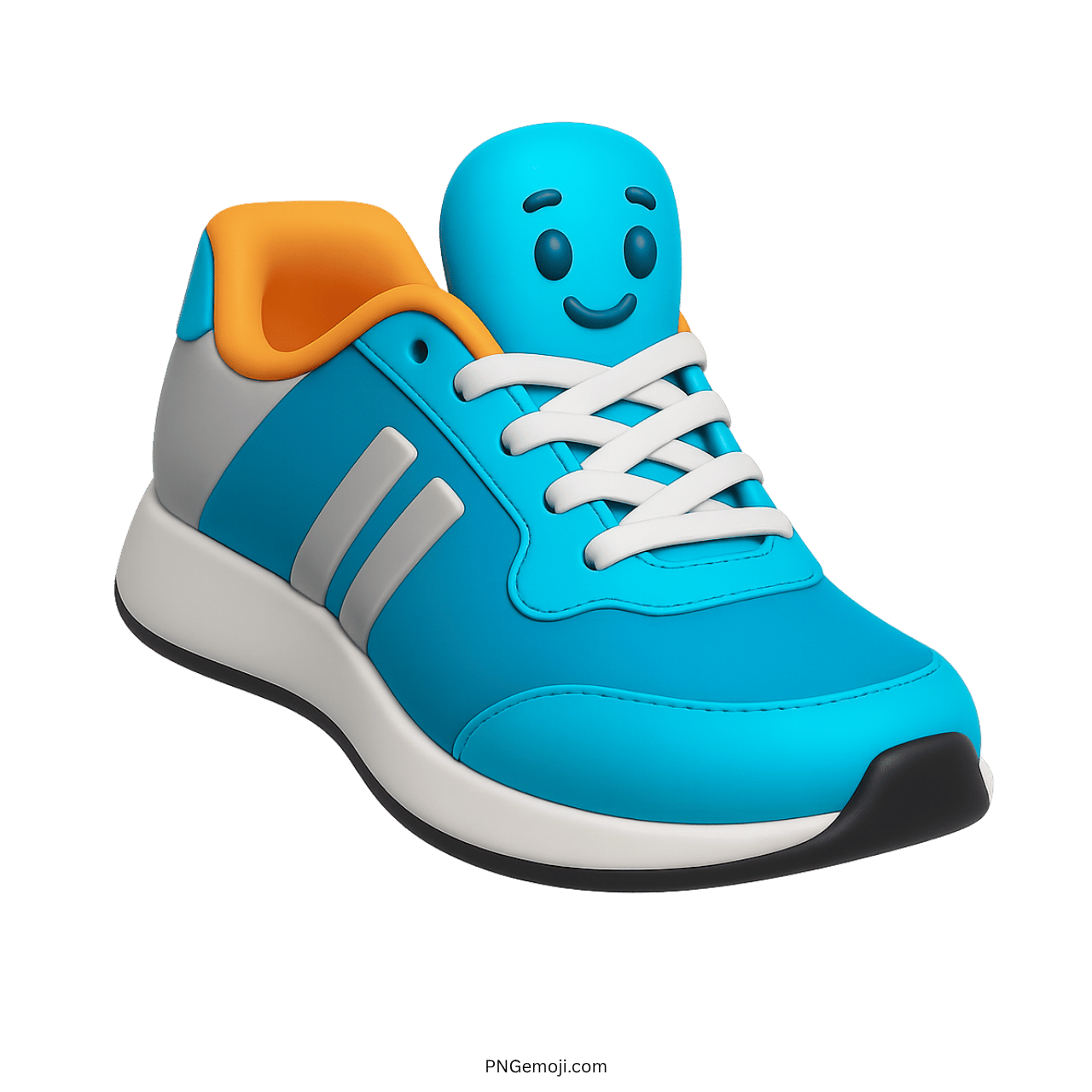 3D blue sneakers emoji with smiling face, white laces, and sporty design