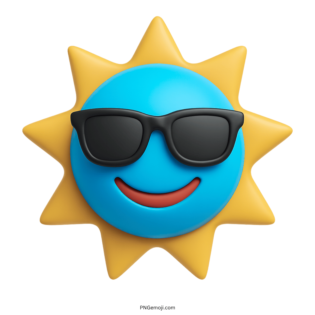 Bright blue 3D sun emoji with sunglasses and smile on transparent background