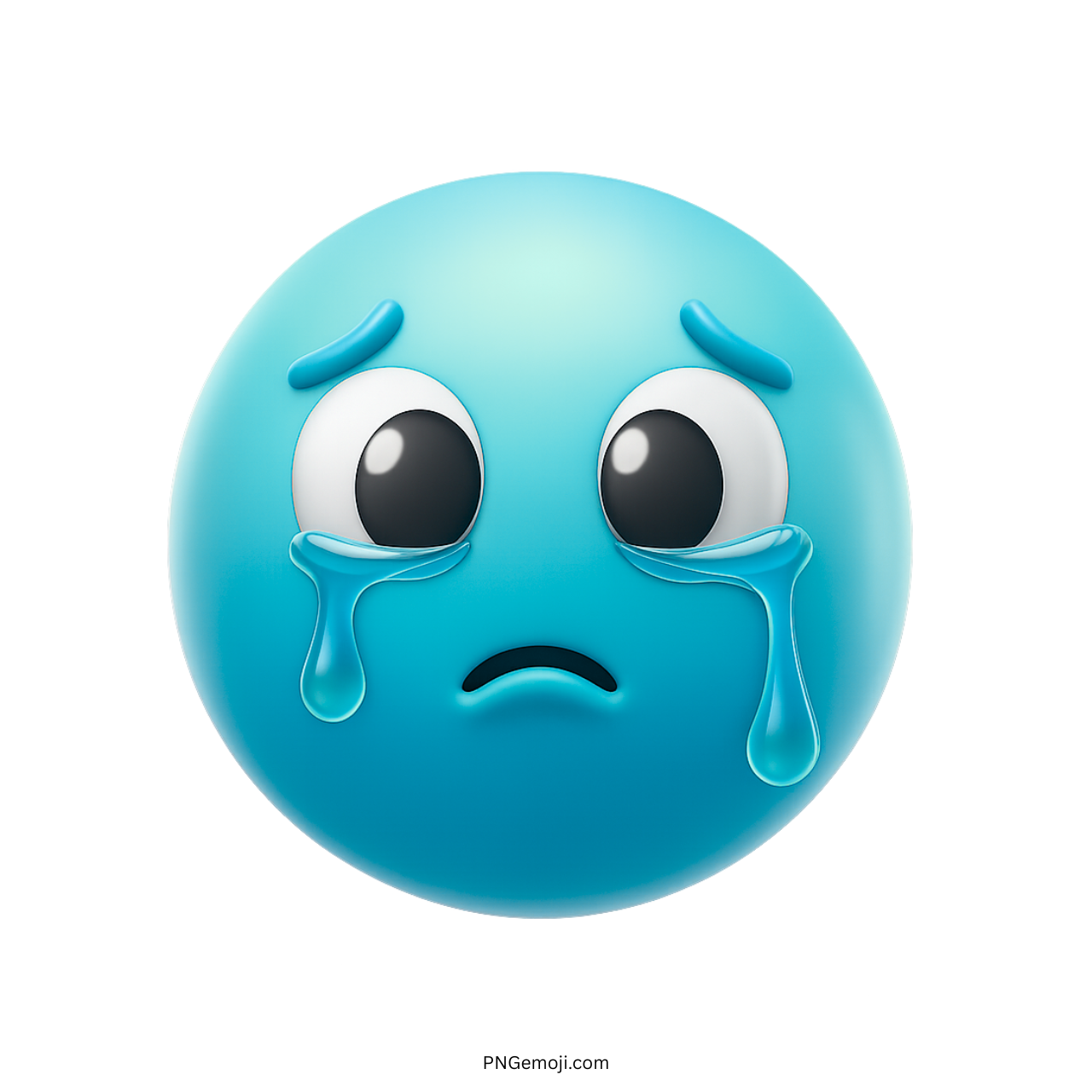 3D blue emoji with large eyes and tears streaming down sad face