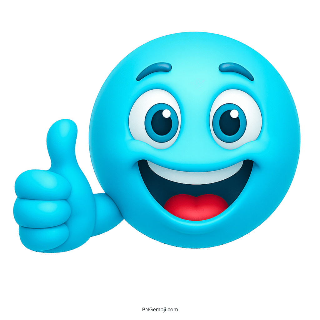 Blue smiley emoji showing thumbs up with wide grin and expressive cheerful eyes