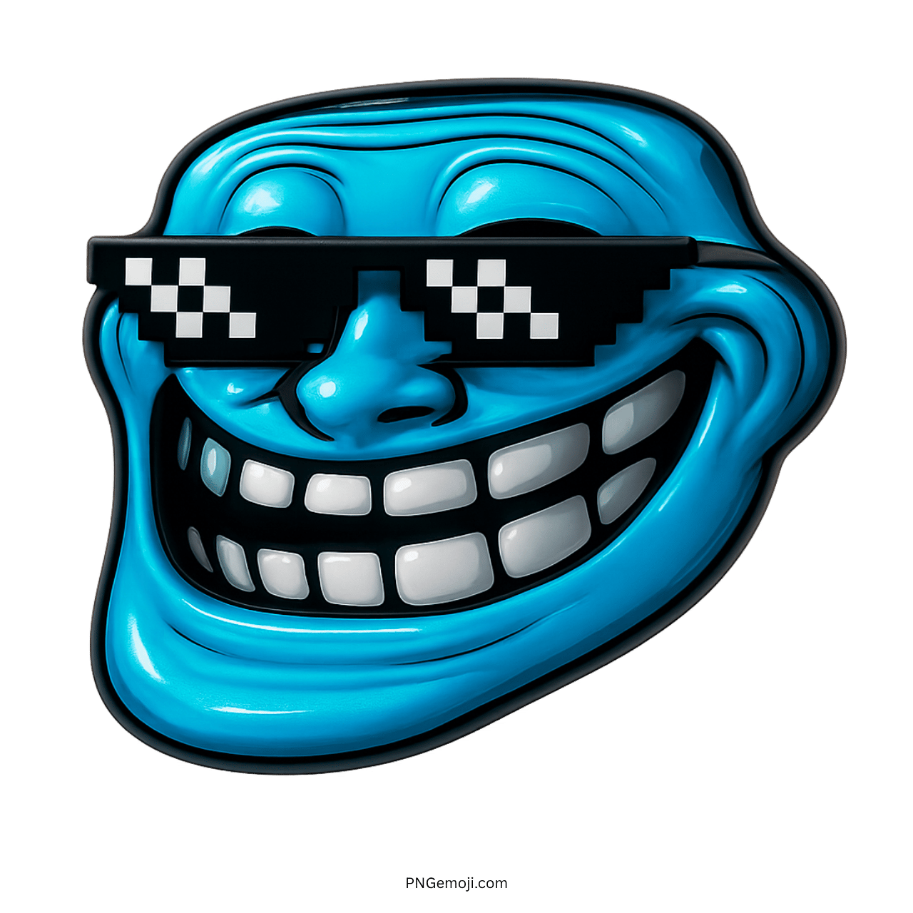 Blue troll face emoji with thug life sunglasses and a confident mischievous grin expression