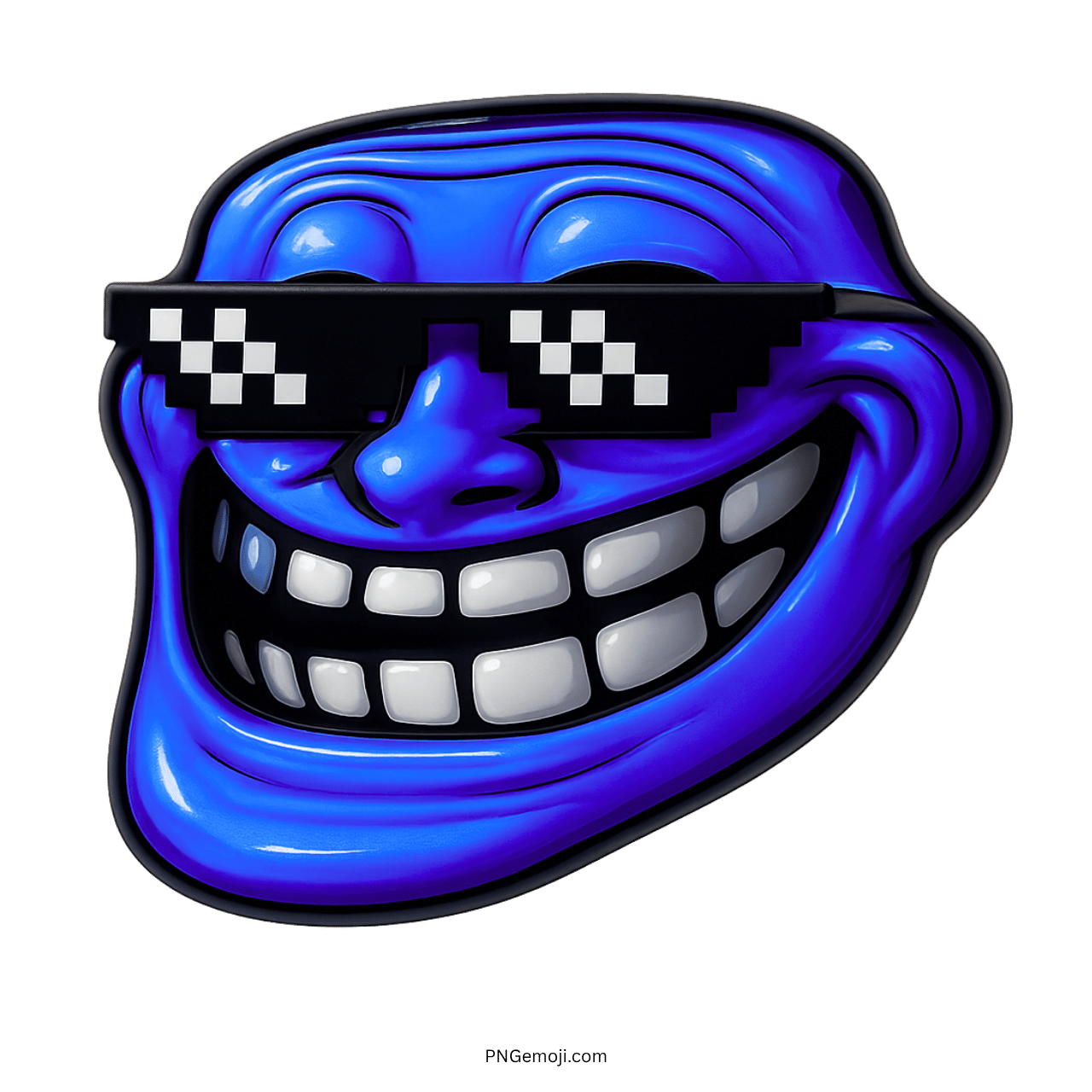 Blue troll face meme wearing pixel sunglasses with a mischievous smug smile expression