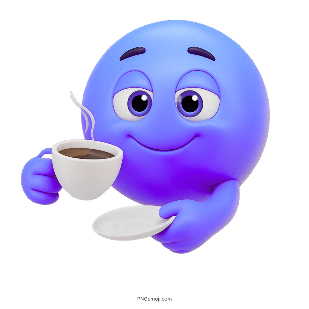 Blue-violet emoji with relaxed eyes enjoying a peaceful coffee moment