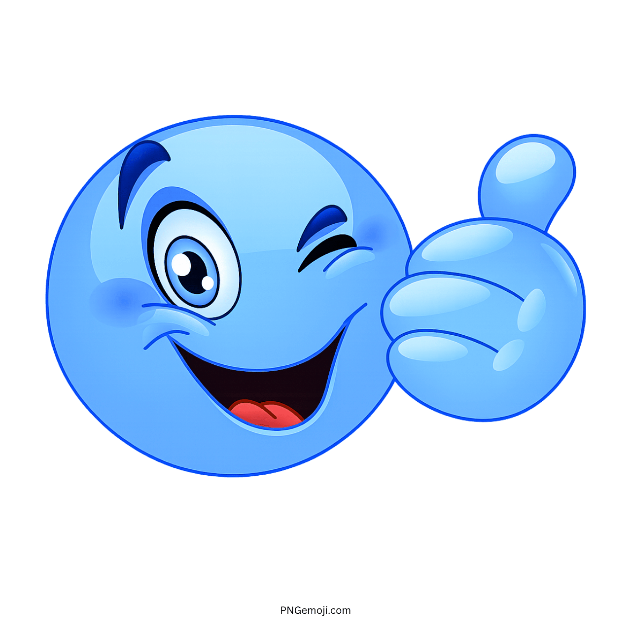 Blue winking smiley emoji giving thumbs up with happy and confident expression
