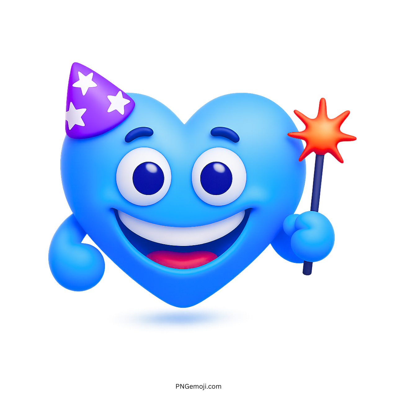 blue wizard heart emoji wearing party hat holding magic wand with happy smile
