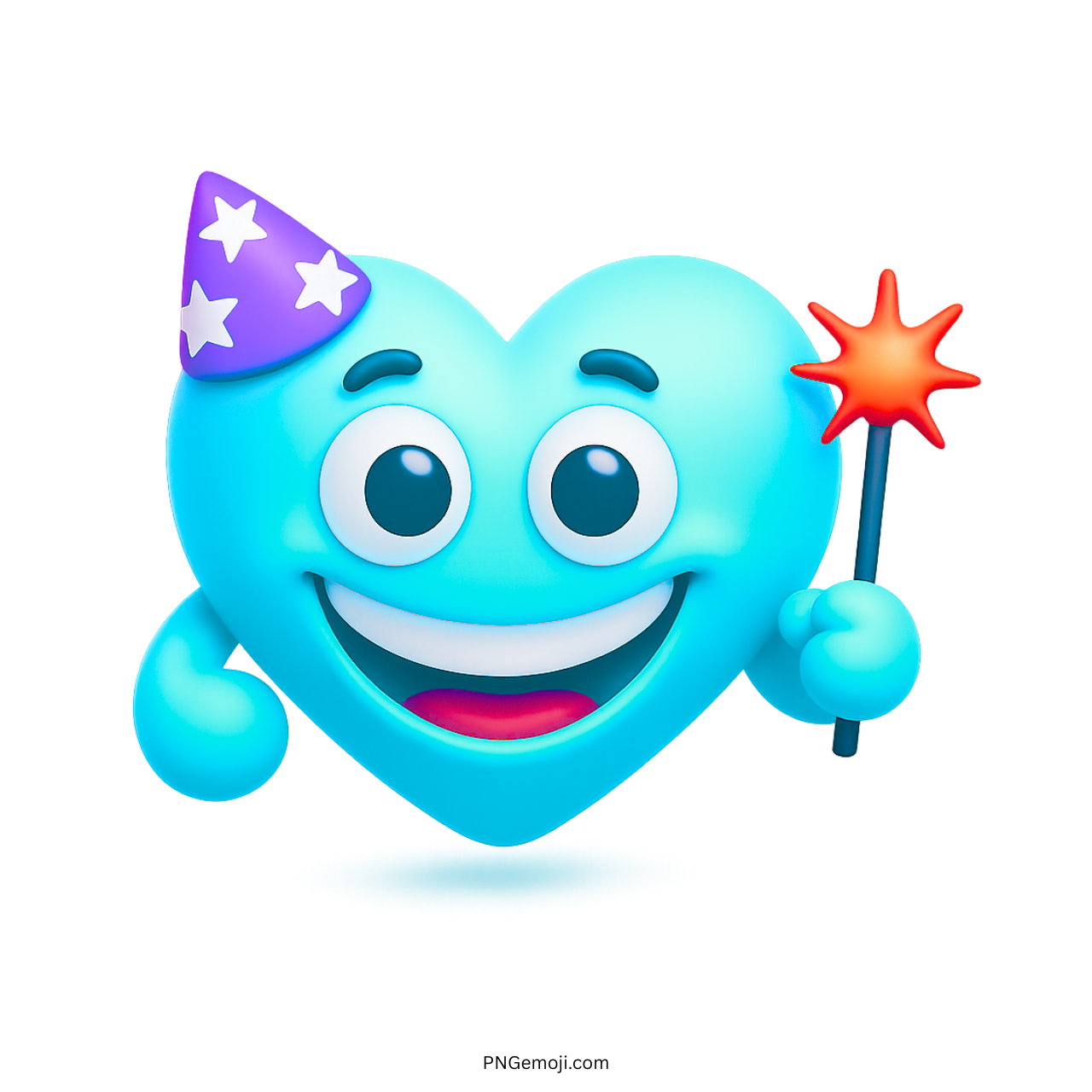 Blue heart emoji with party hat and red magic wand smiling joyfully