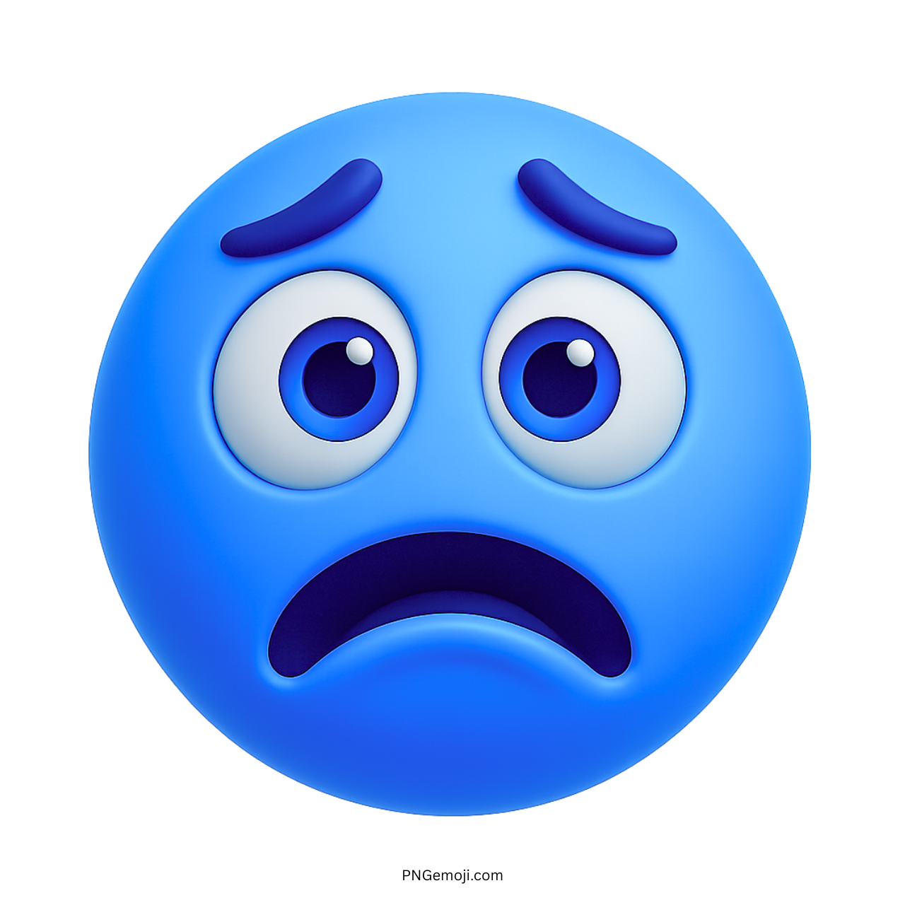 Blue bored emoticon with wide sad eyes and frowning mouth on blank background