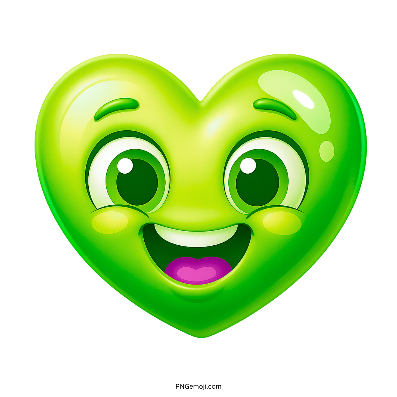 Cheerful green smiling heart emoji with wide eyes and fun cartoon happy expression