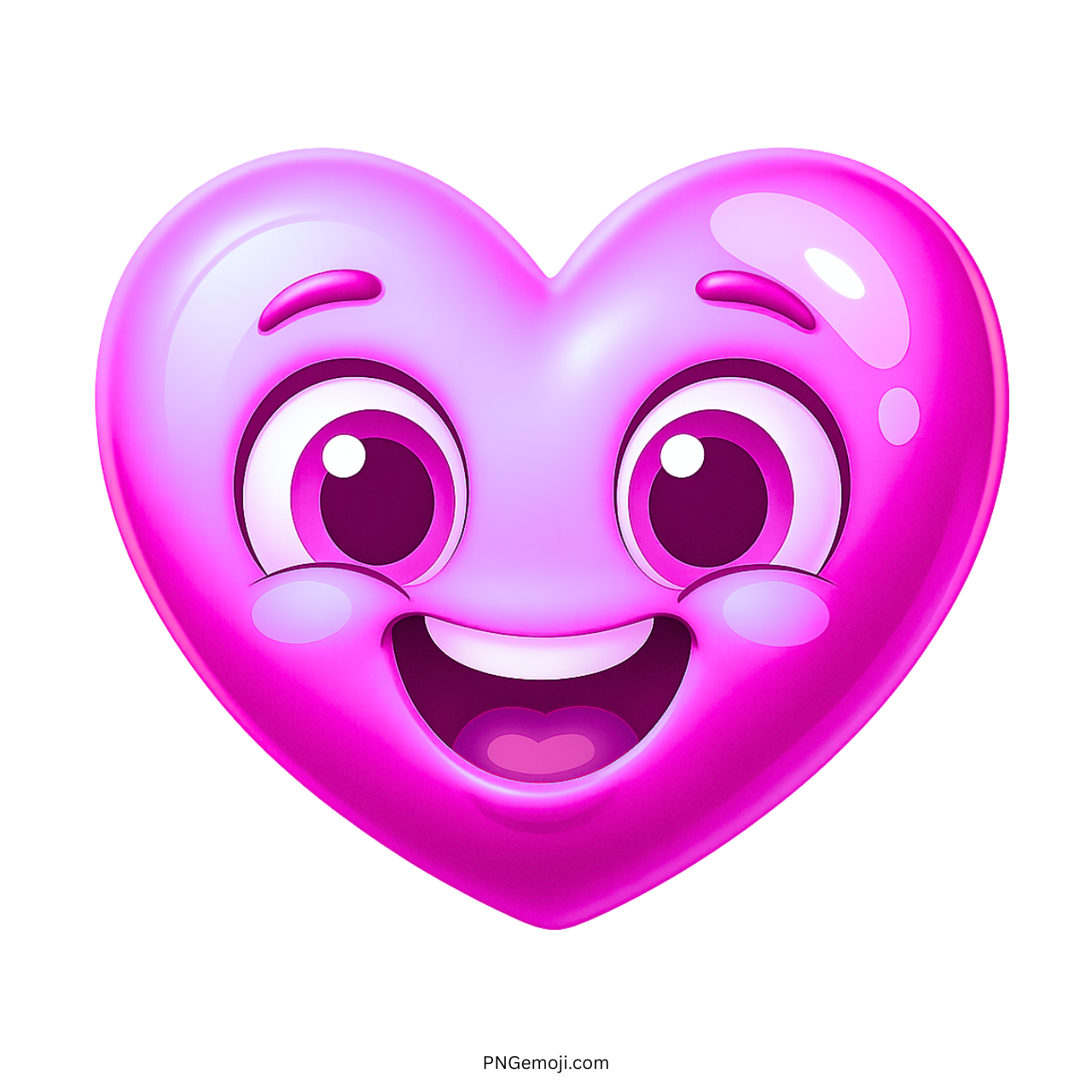 Smiling pink heart emoji with big eyes and joyful cute cartoon facial expression