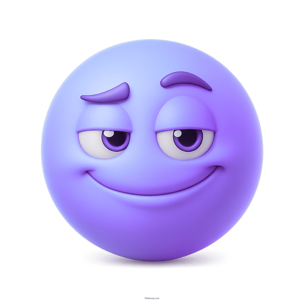 Cheeky smirking purple emoji with raised eyebrow and confident expression