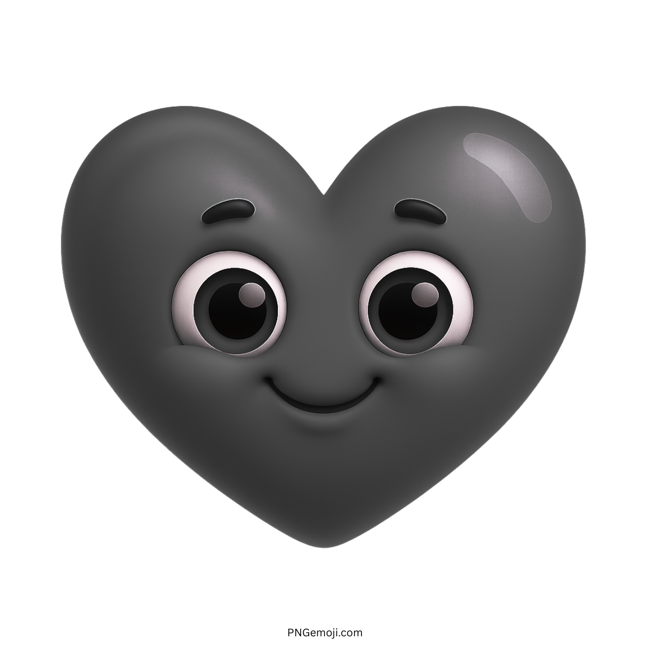Cheerful black heart emoji with large cute eyes and soft friendly facial expression
