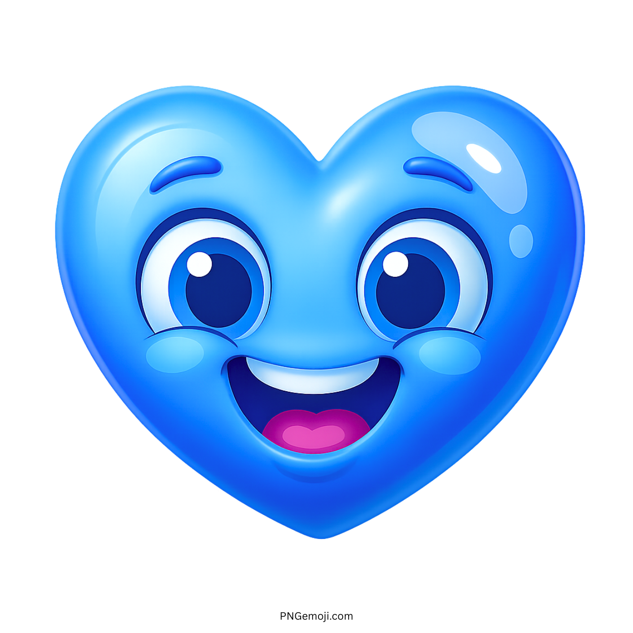 Cheerful blue smiling heart emoji with wide eyes and joyful happy face expression