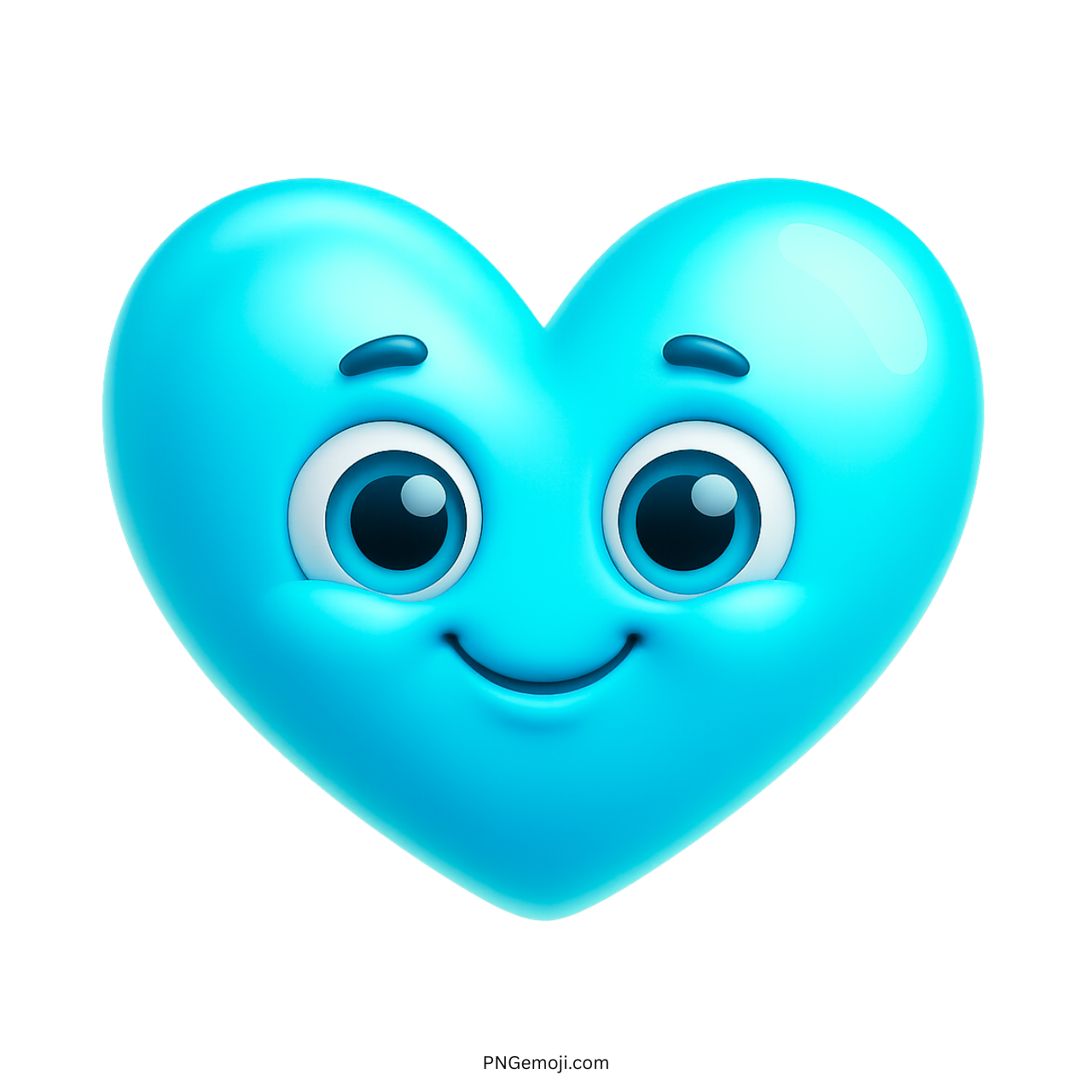 Cheerful cyan heart emoji with glowing blue color, big eyes, and cute smile
