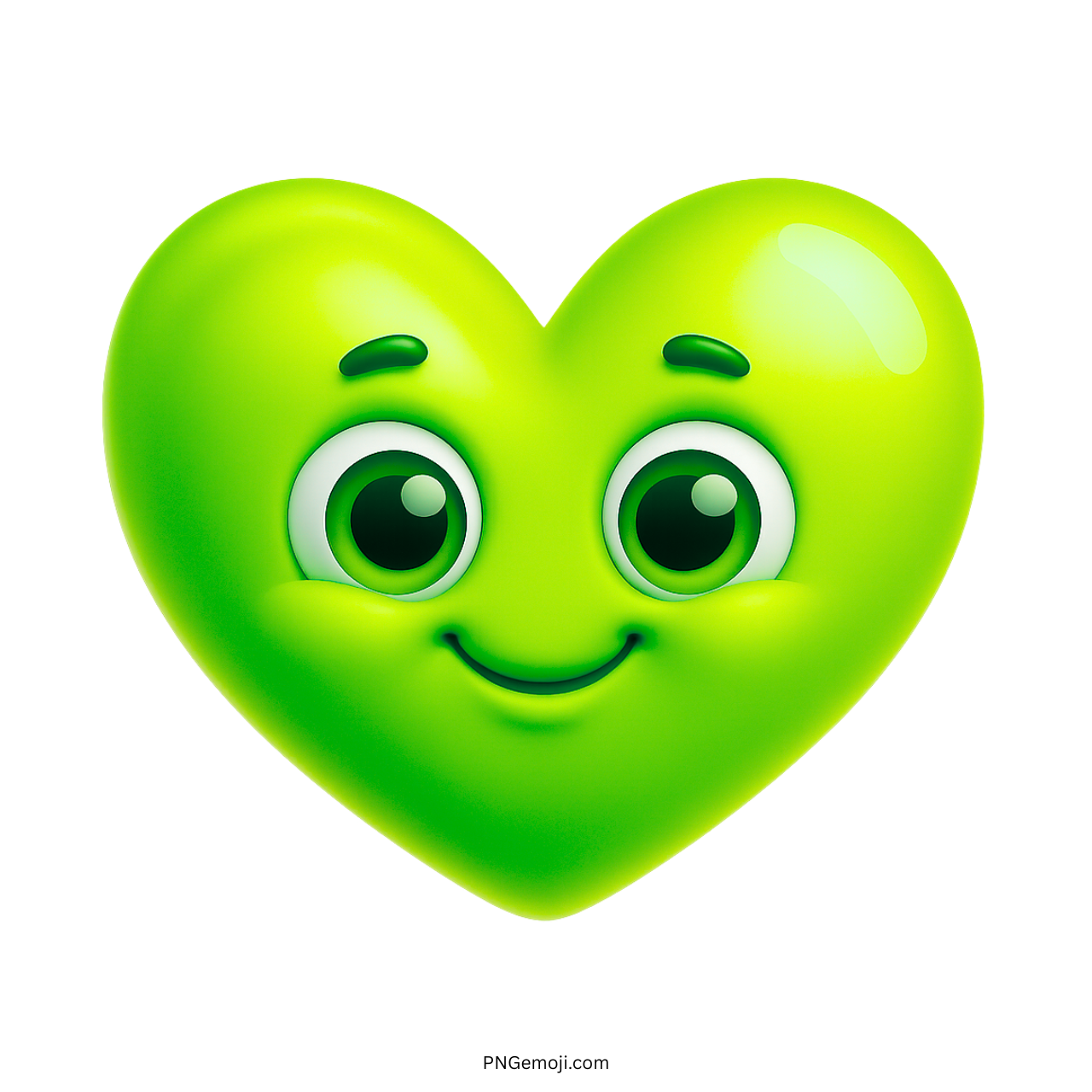Cheerful green heart emoji with smiling face and large happy cartoon-style eyes