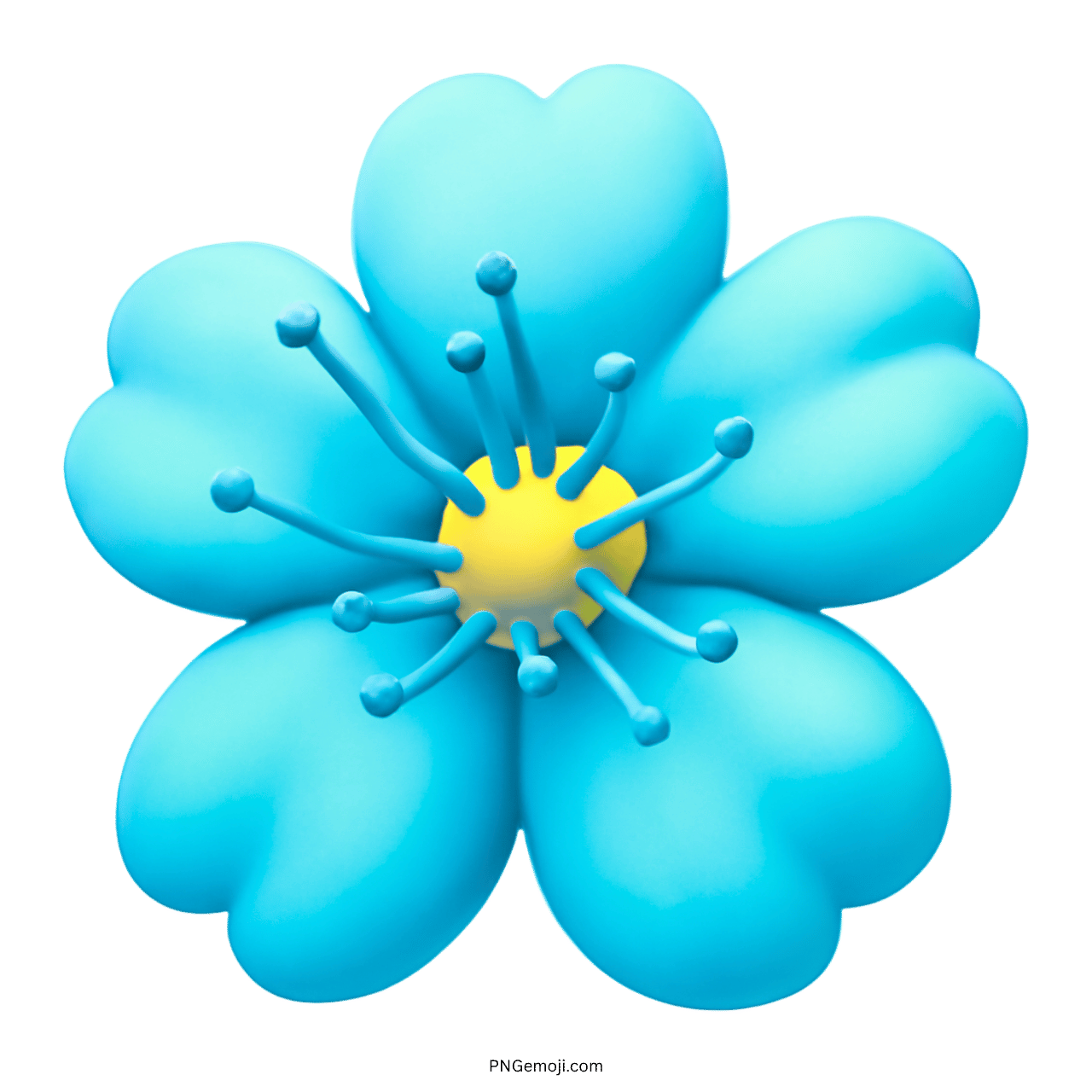 3D cherry blossom emoji with pink petals and yellow center, transparent background.