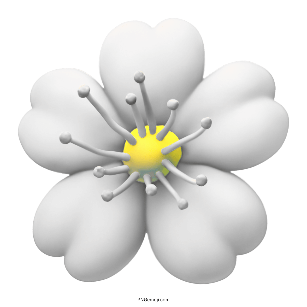 3D Cherry Blossom Emoji PNG with transparent background, white petals and yellow center
