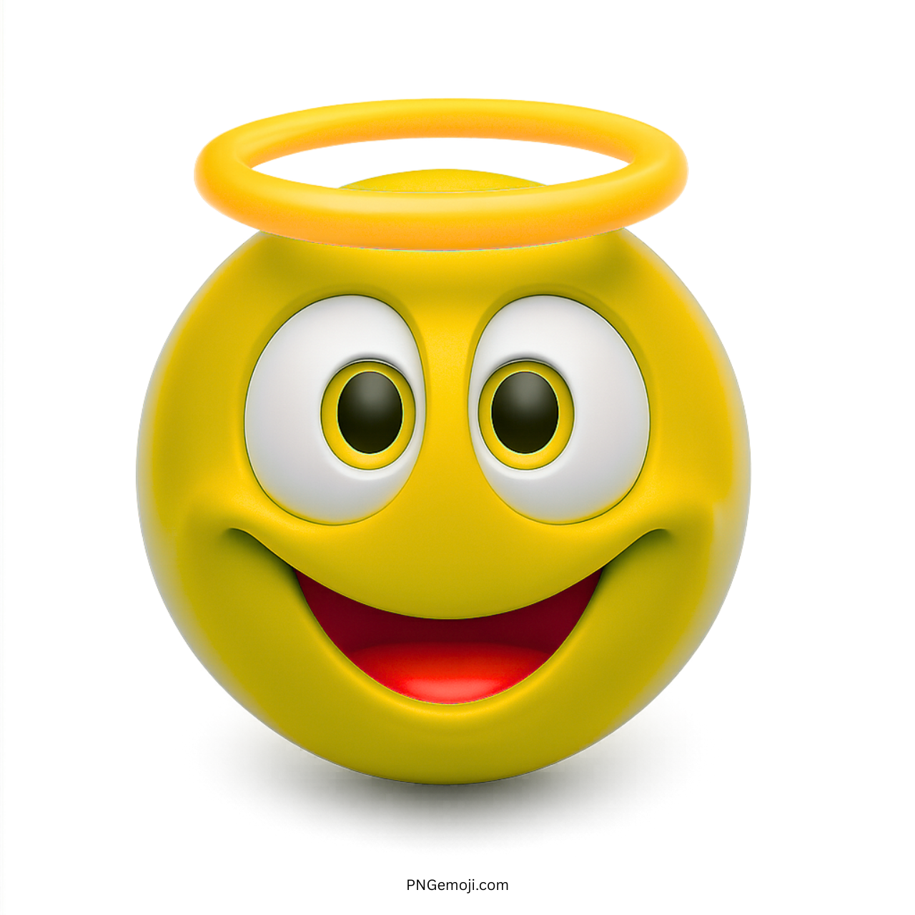3D yellow innocent smiley emoji with halo, cheerful happy face expression