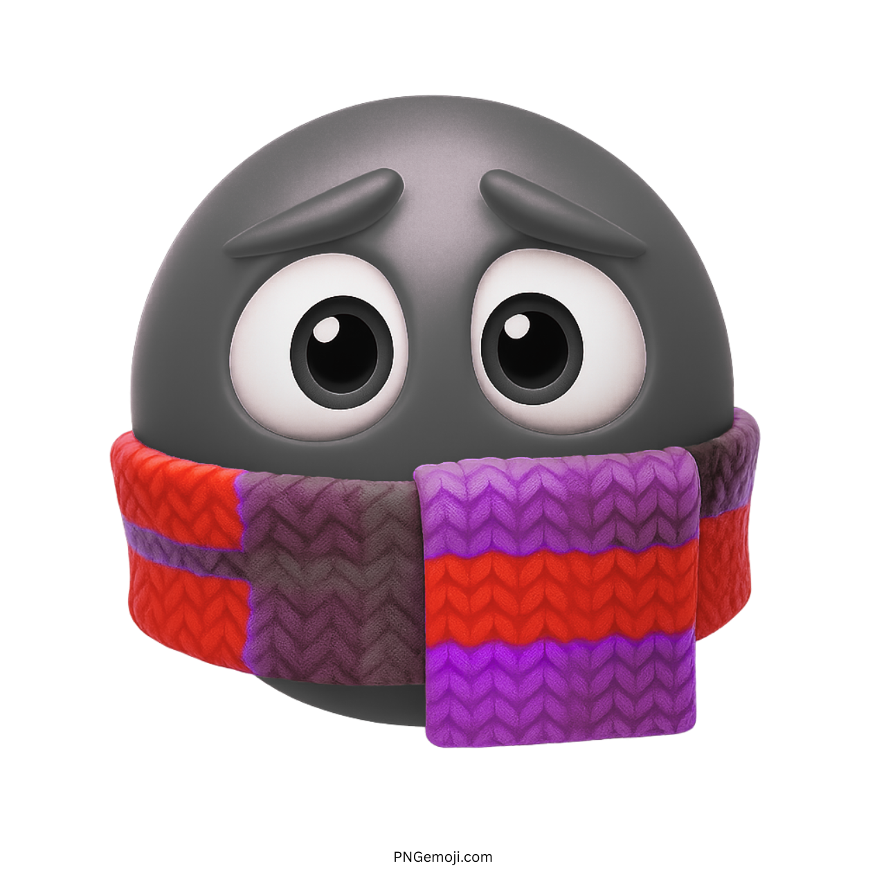 Dark gray cold emoji wrapped in red and purple scarf feeling frozen and chilly