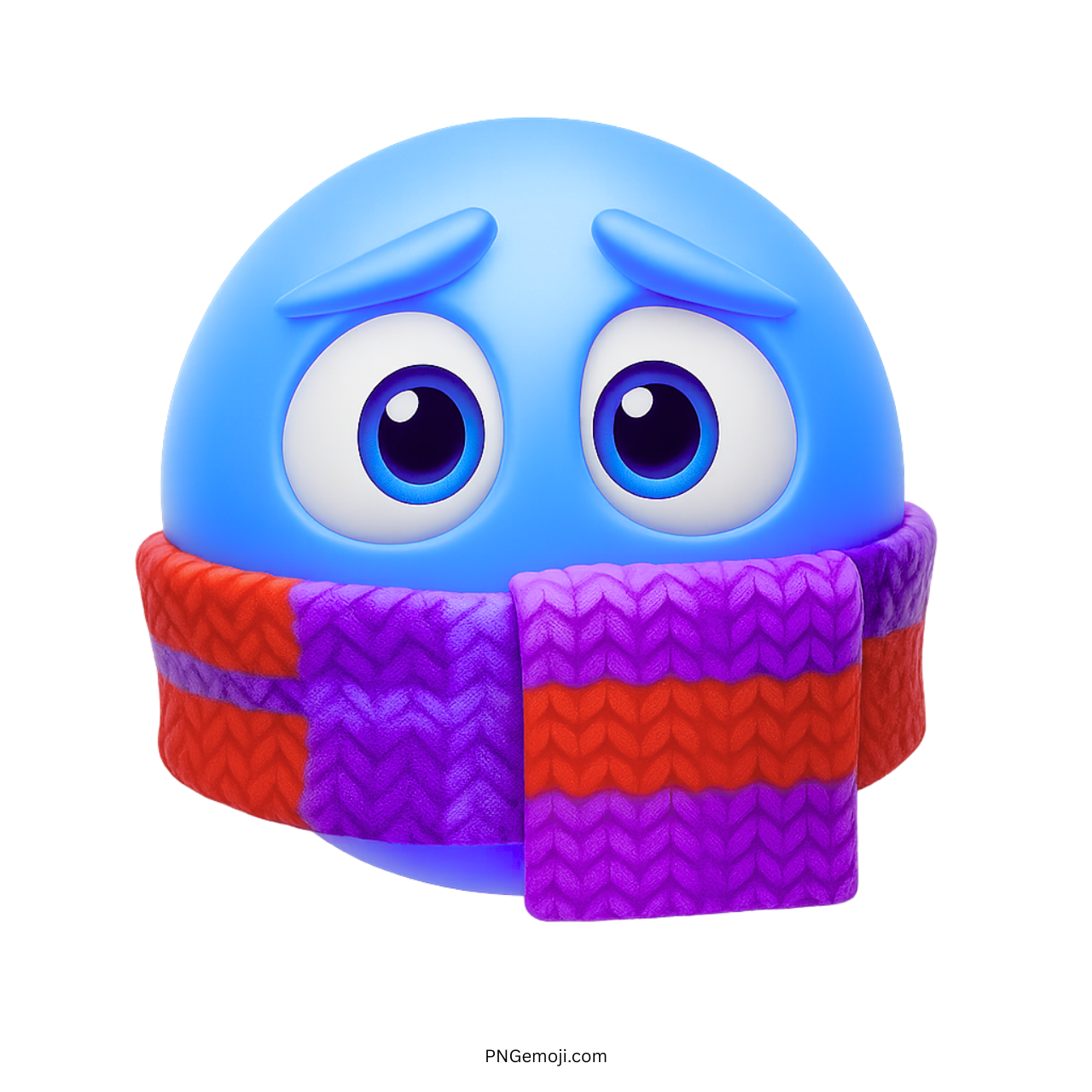 Blue emoji wearing red and purple scarf showing cold freezing winter expression face