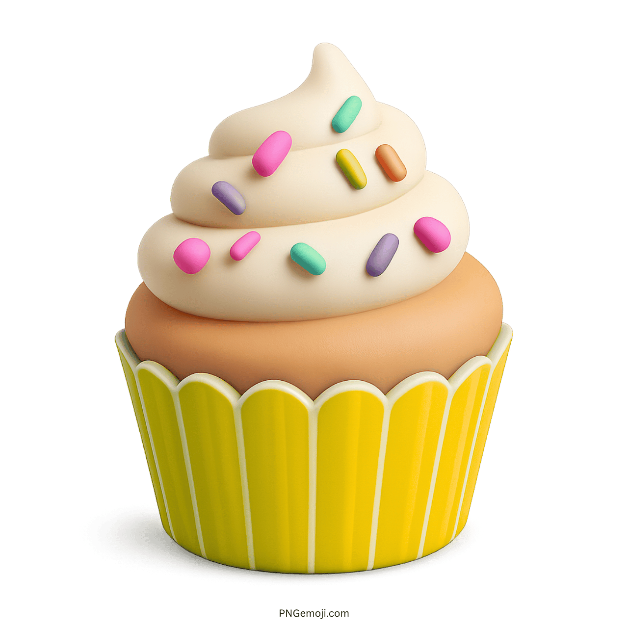 3D cupcake emoji PNG with frosting, rainbow sprinkles, and yellow cupcake liner