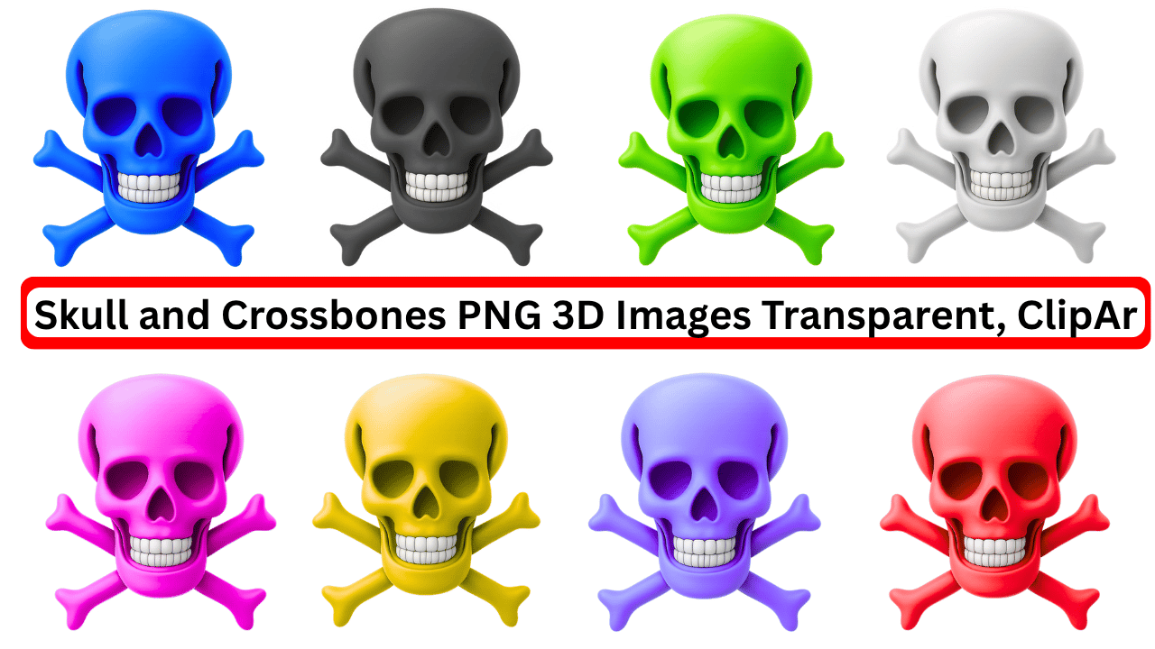 Set of colorful 3D skull and crossbones PNG icons representing hazard, poison, and danger.