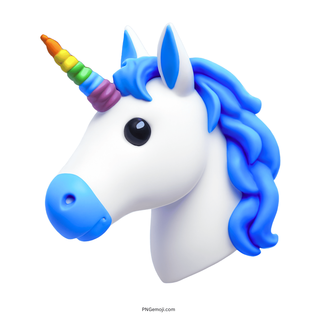 3D-rendered unicorn emoji with rainbow horn and blue mane on a transparent background.