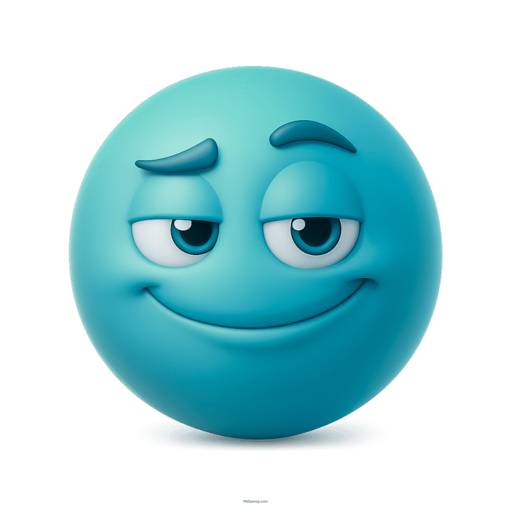 Cool blue smirking emoji with raised eyebrows and confident facial expression