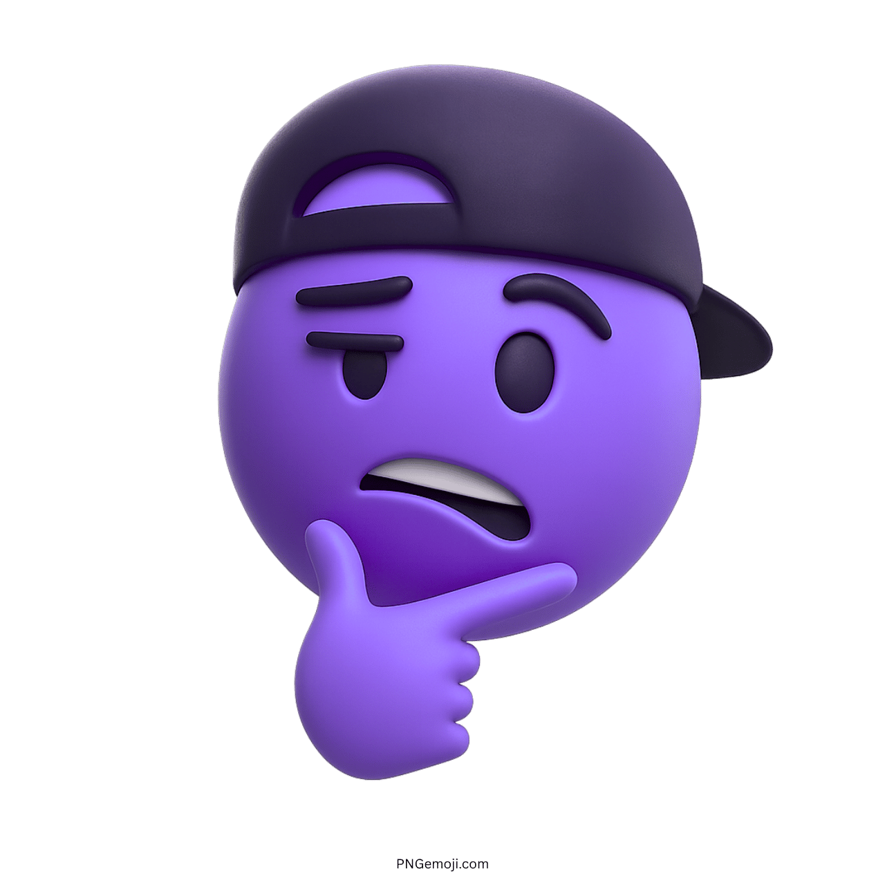 3D purple emoji with cap showing skeptical thinking expression and sarcastic attitude