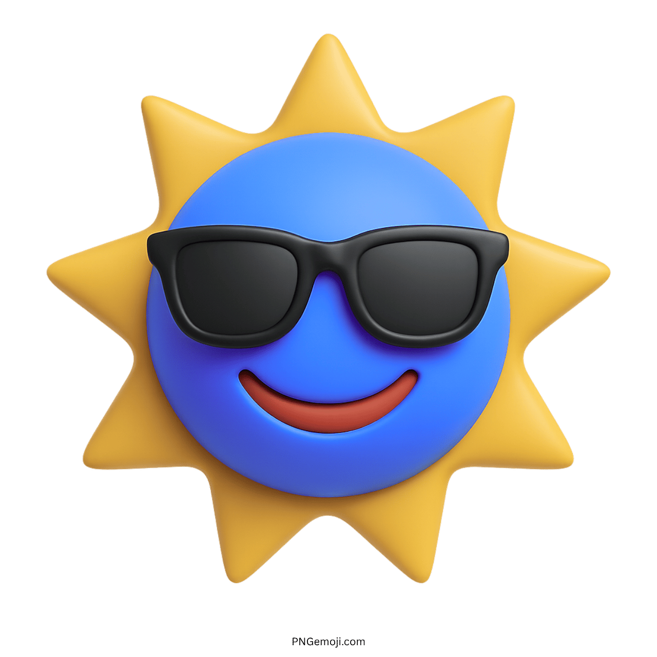 Cool 3D sun emoji with sunglasses and smile on transparent background