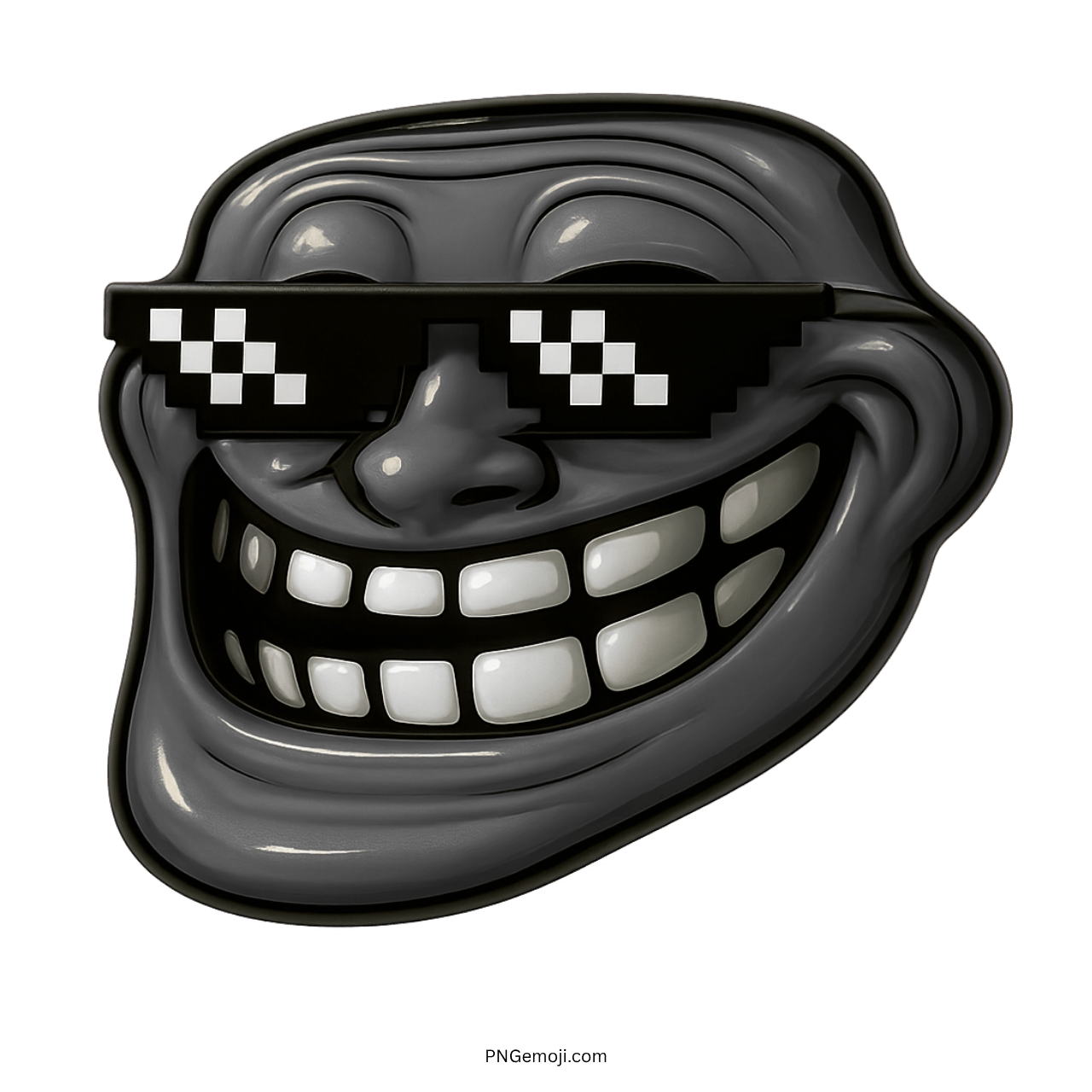 Black troll face meme with thug life pixel sunglasses and a wide mischievous grin