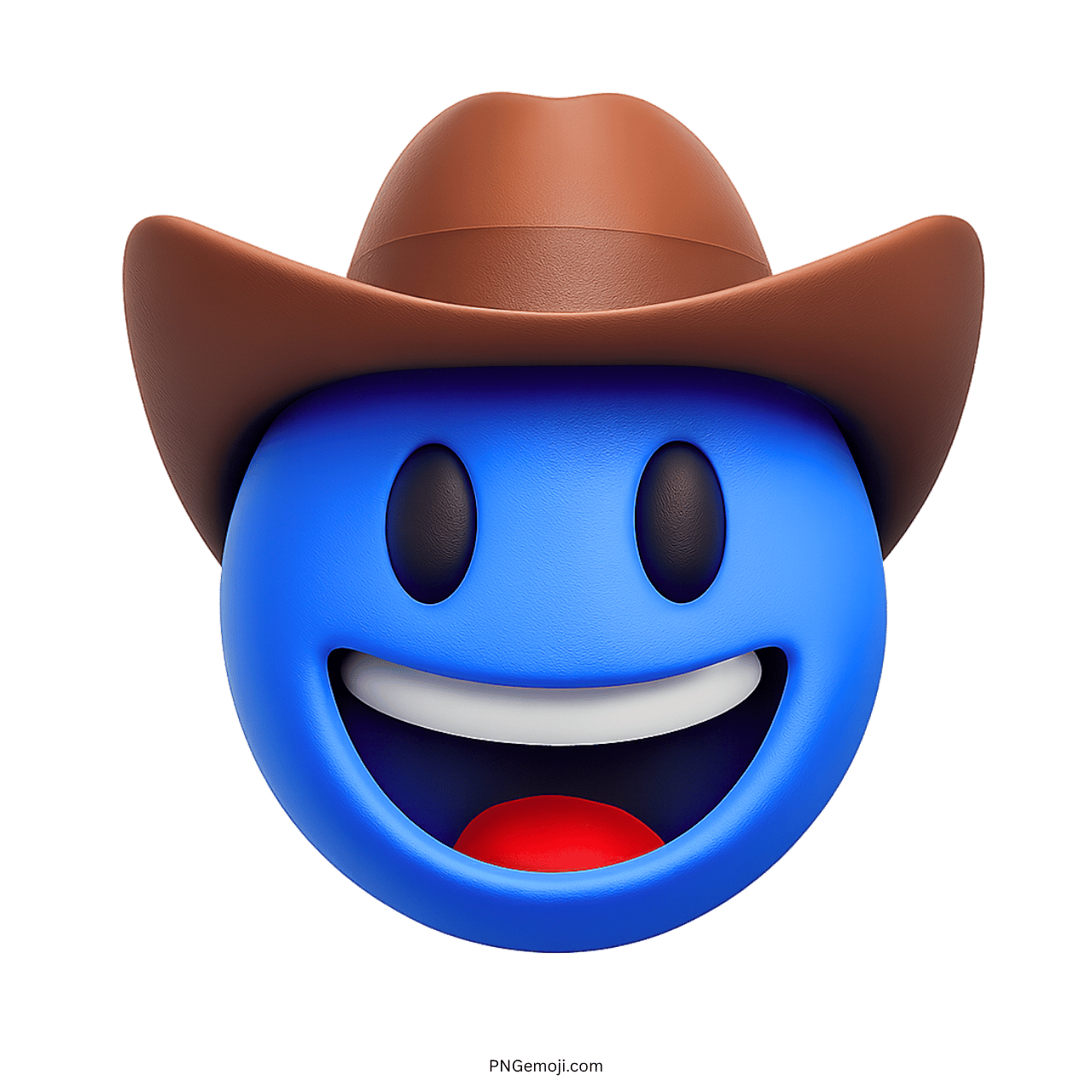 3D blue cowboy emoji with brown hat, smiling and showing cheerful expression in PNG format.