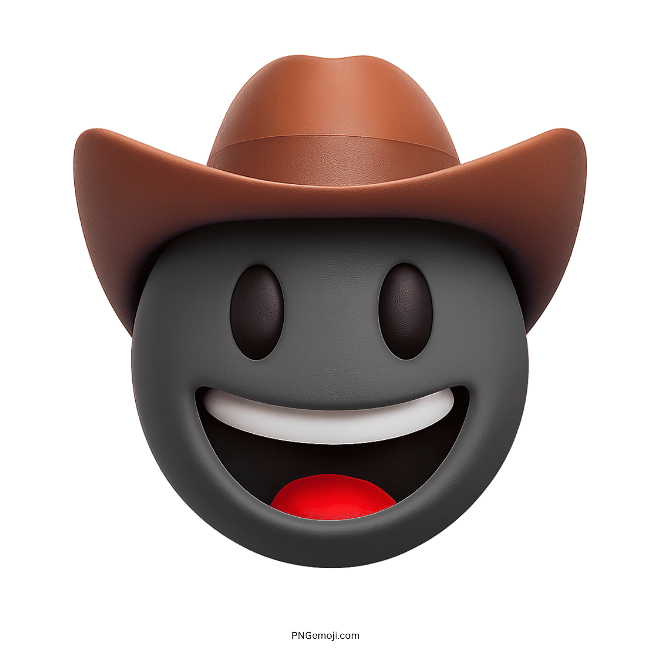3D grey cowboy emoji with brown hat, smiling with a cheerful expression in PNG format.