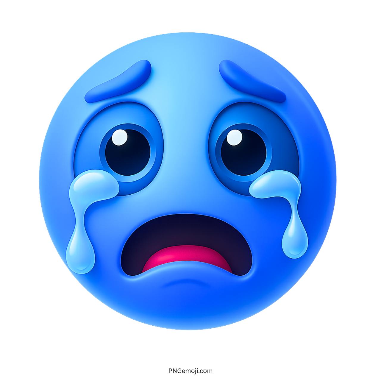 3D crying blue smiley emoji with tears streaming down its cheeks in sadness