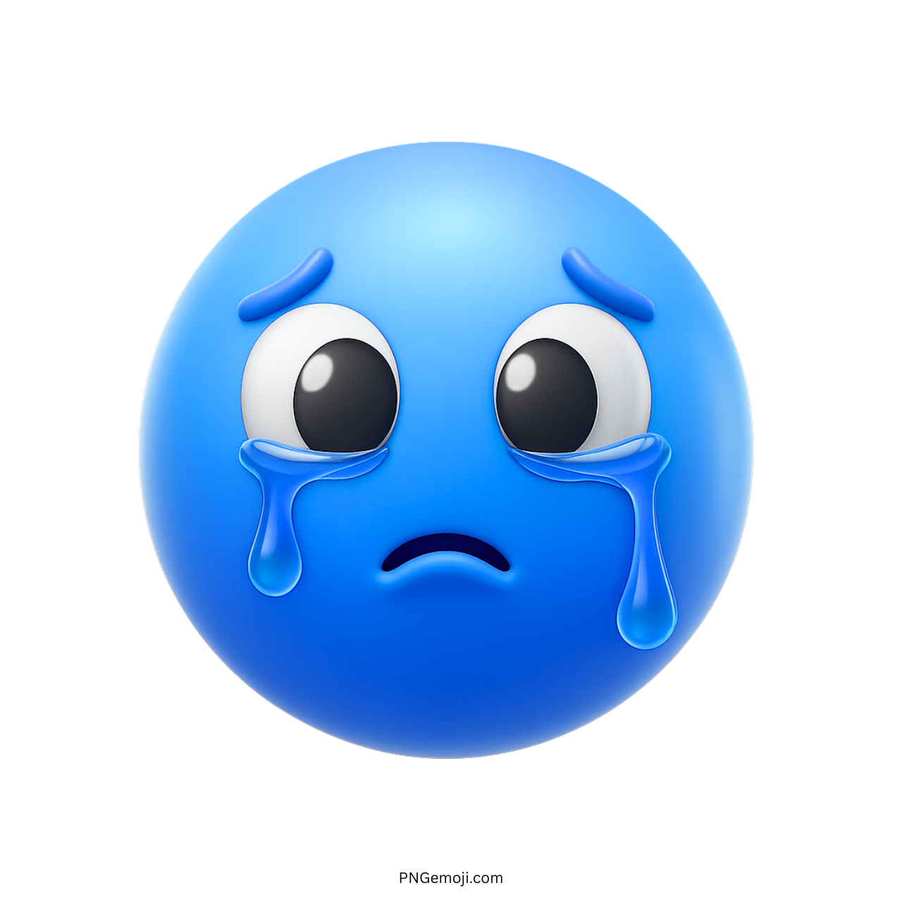 3D blue crying emoji with big teary eyes and a sad facial expression