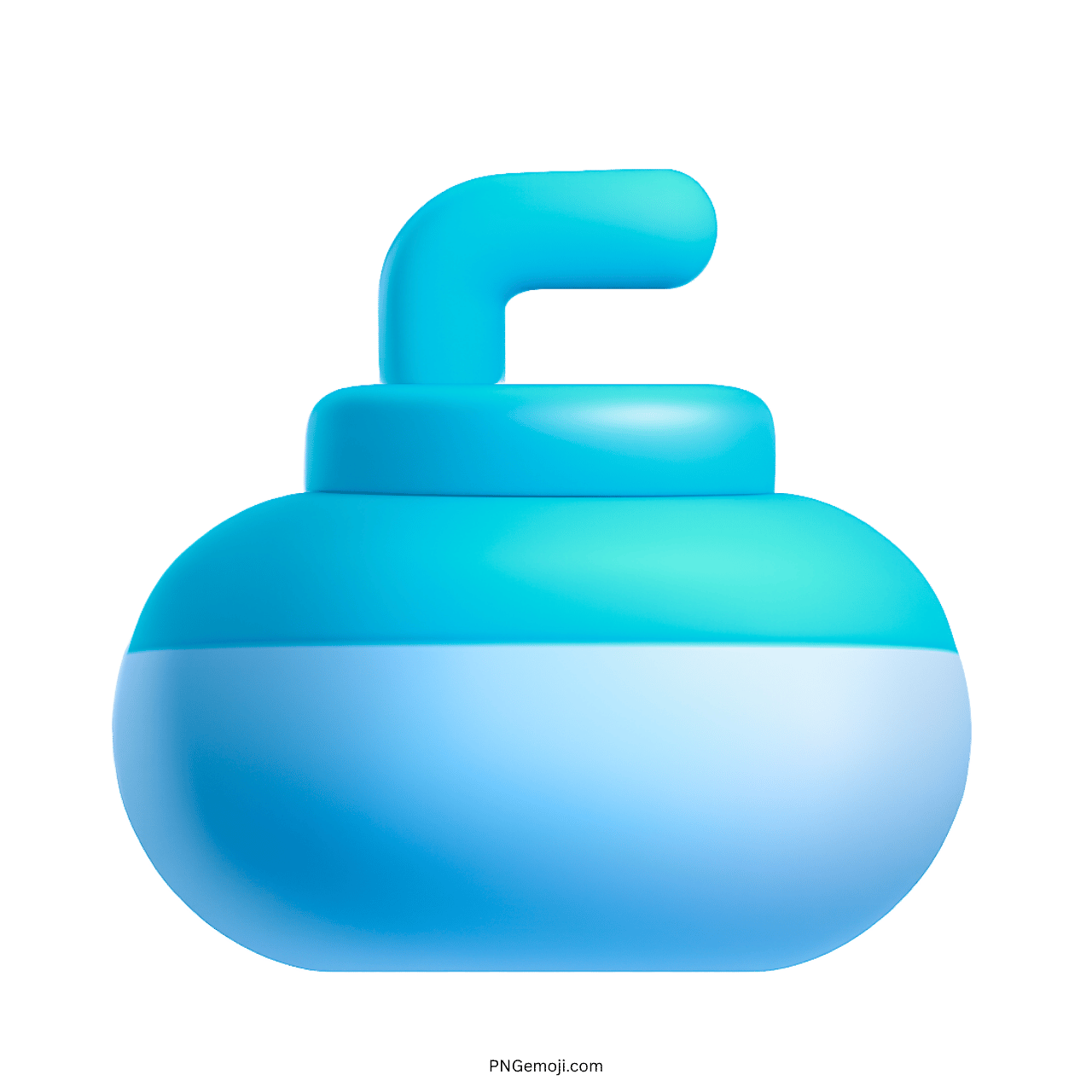 3D curling stone emoji in blue with a curved handle, transparent background.