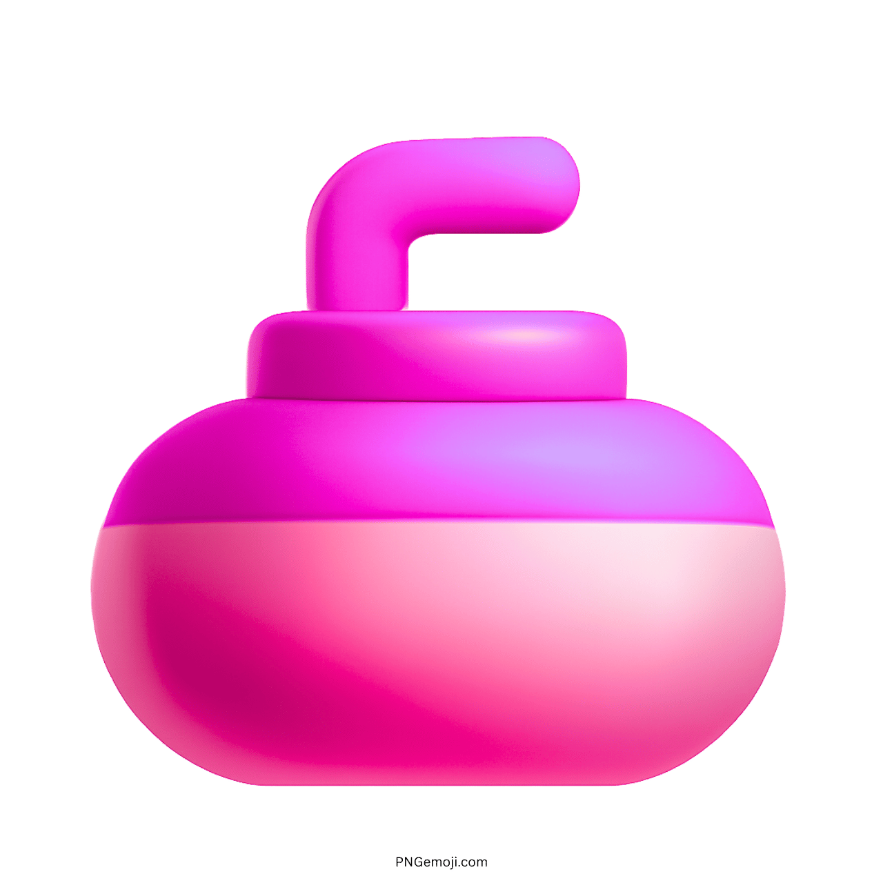 3D curling stone emoji in pink with a curved handle, transparent background.
