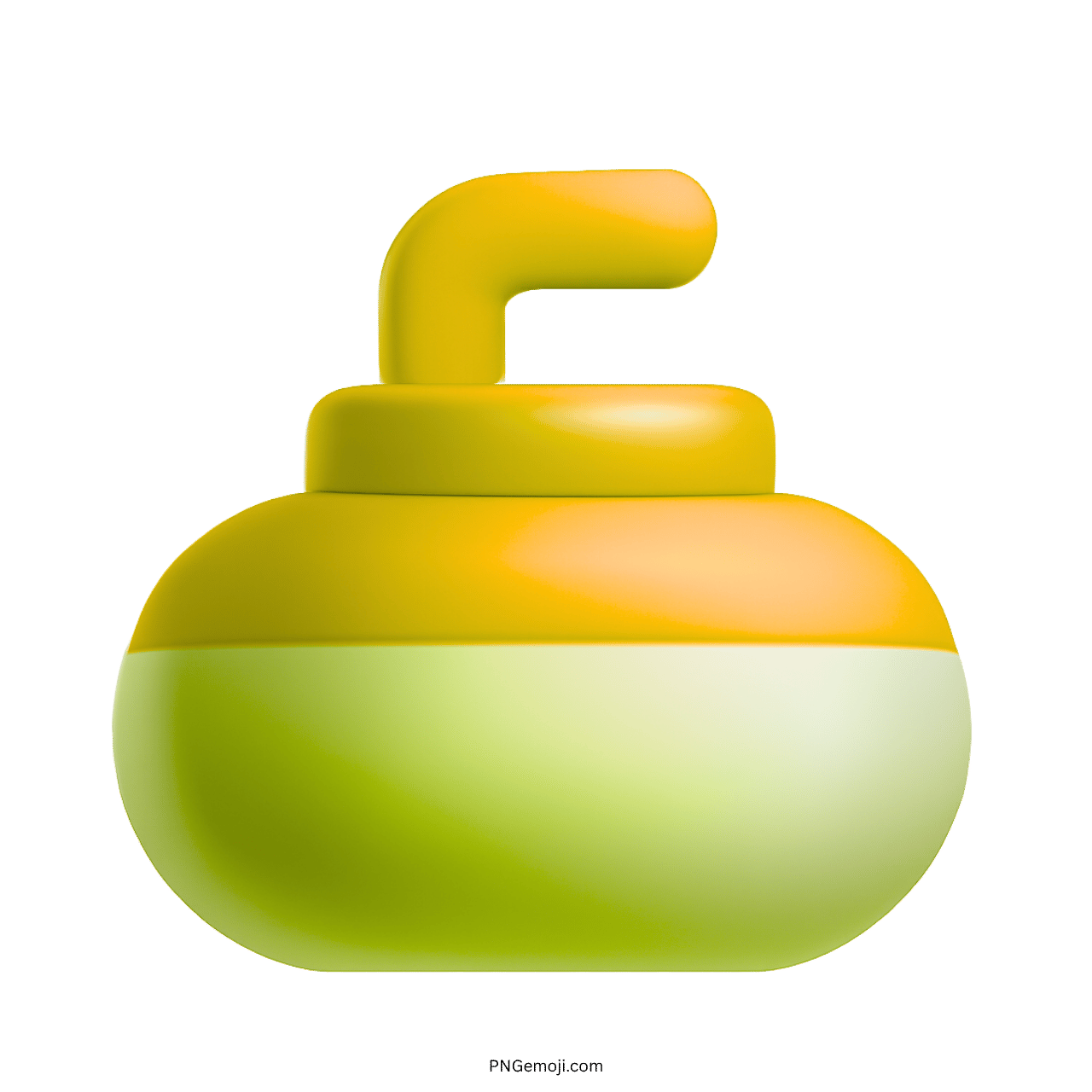3D curling stone emoji in yellow and green with a curved handle, transparent background