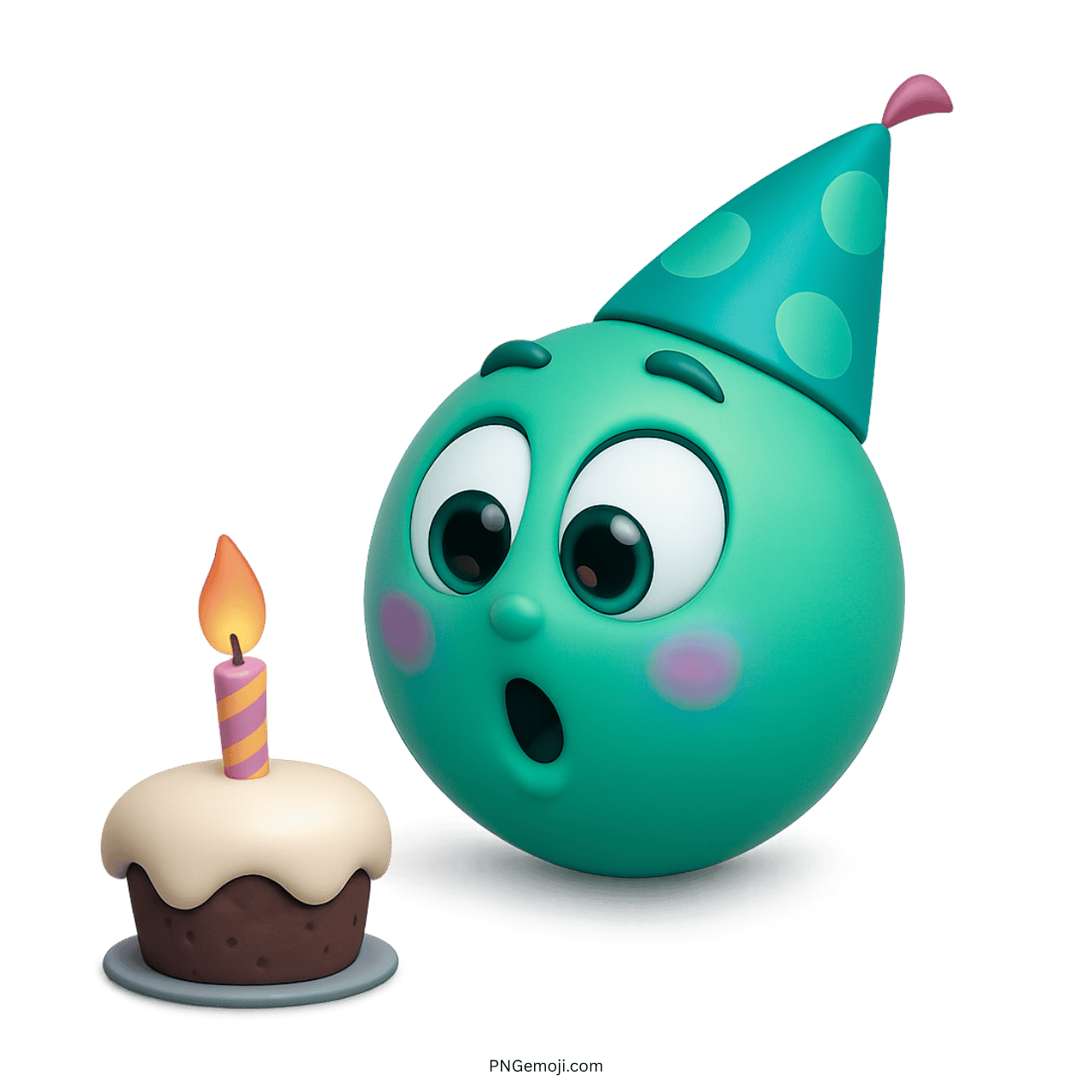 Cute birthday emoji wearing party hat looking at cake with candle flame
