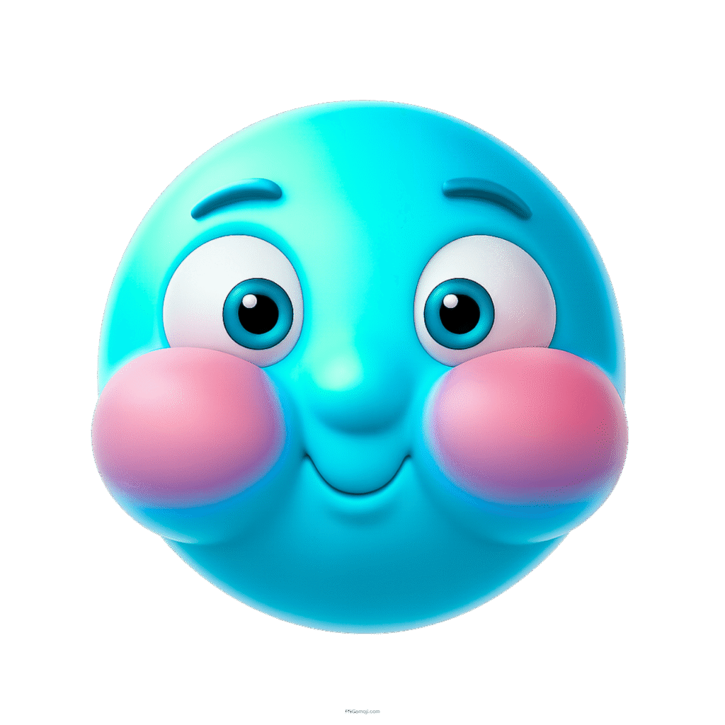 Cute blue emoji with blushing cheeks and innocent holding breath expression