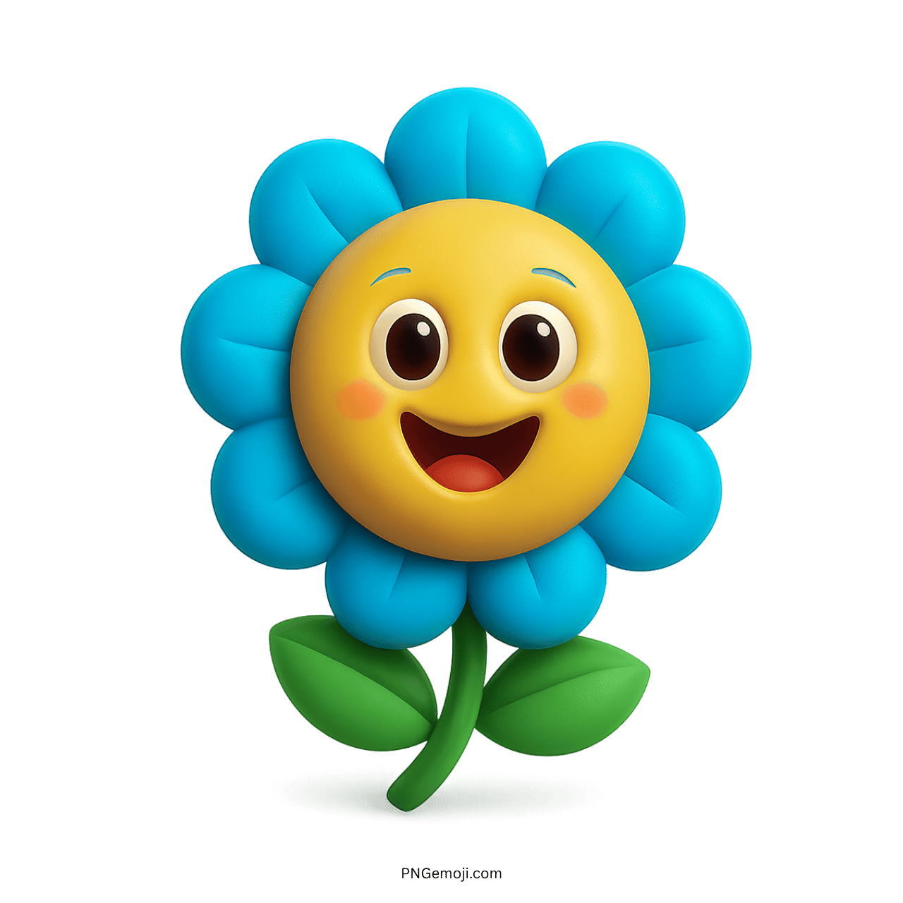 Cute cartoon blue flower with a smiling face and big eyes, 3D style.