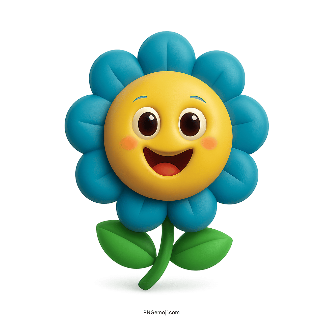 Cute cartoon blue flower with a smiling face and big eyes, 3D style.